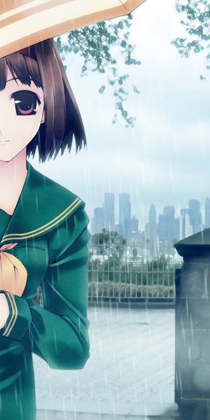 Charming mobile wallpaper featuring a cute anime girl in the rain