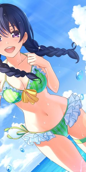 Vibrant anime wallpaper featuring a girl in a bikini with purple eyes