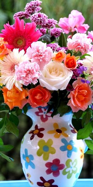 Phone wallpaper: Flowers, Bouquet, Jug, Carnations, Gerberas, Combination, Roses free download