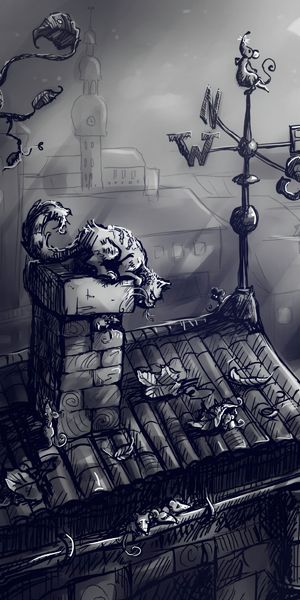 Whimsical Cat Watching Mice from Rooftop