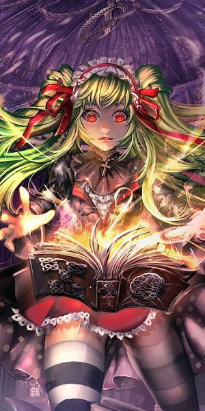 Phone wallpaper: Anime, Magic, Girl, Book, Green Hair, Library, Red Eyes, Long Hair free download