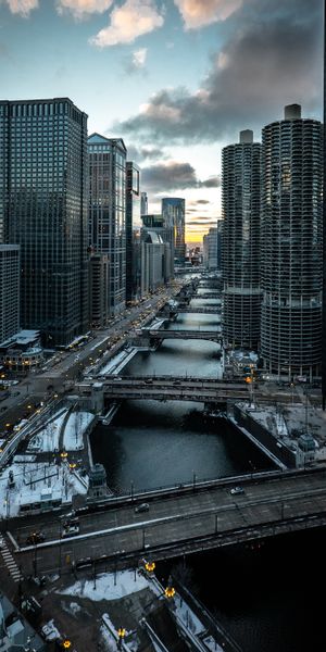 Aerial View of Chicago's Iconic Bridges and Urban Landscape