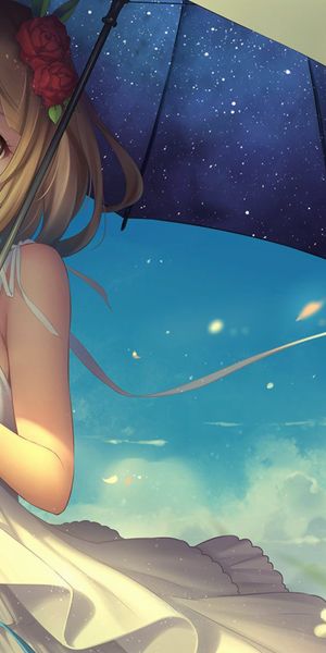 Charming 4K Mobile Wallpaper of Anime Girl with Umbrella in Flower Field