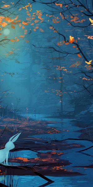Mystical Forest Scene with Enchanted Beasts and Silhouettes