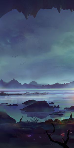 Mystical Night Lake Scene with House and Rocks
