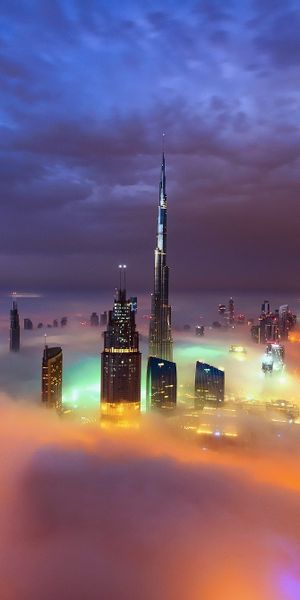Phone wallpaper: Cities, Night, City, Skyscraper, Building, Horizon, Light, Fog, Dubai, Cloud, Unite