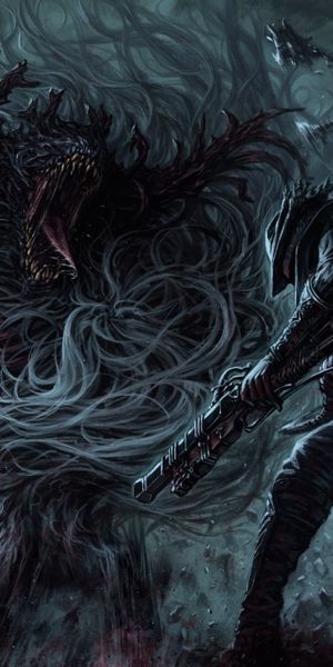 Dark and Gothic Bloodborne Wallpaper with a Monster and Hunter in Action