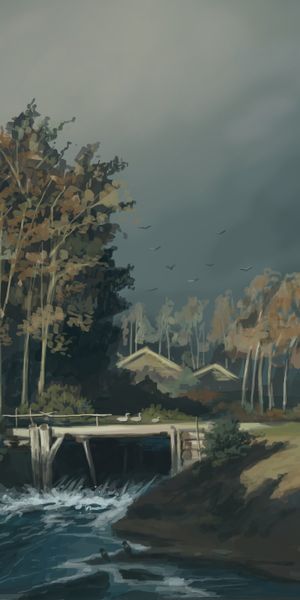 Scenic Village with a Bridge Over a Serene River