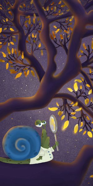 Whimsical Snail with Magnifier Among Leaves - Ideal Phone Background