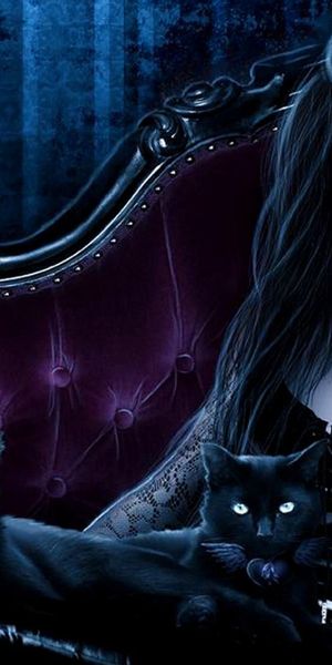 Free Gothic iPhone Wallpaper Featuring a Dark, Enigmatic Woman and Cats