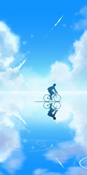 Beautiful Cyclist Riding Through a Reflective Sky and Clouds