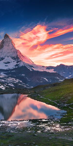 Phone wallpaper: Mountains, Dawn, Mountain, Lake, Reflection, Earth, Switzerland, Matterhorn free do