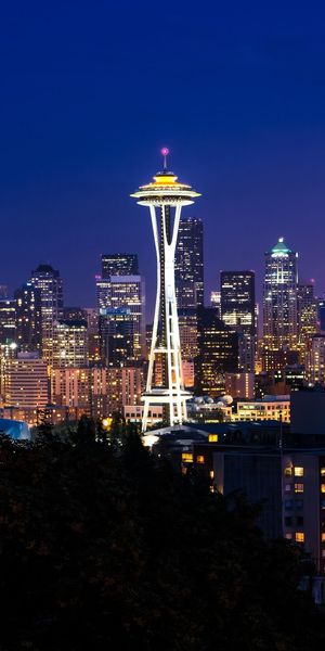 Phone wallpaper: Space Needle, Seattle, Cities, Light, Man Made, Night, City free download