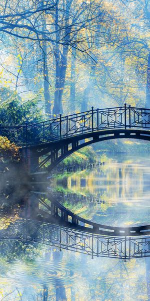 Tranquil Nature Wallpaper: Bridge Over River in a Lush Park Setting