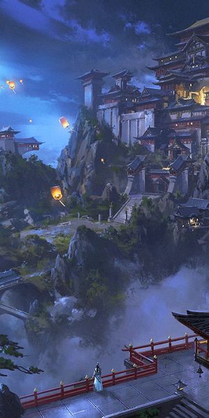 Enchanting Night Landscape with Lanterns - Anime Style Wallpaper