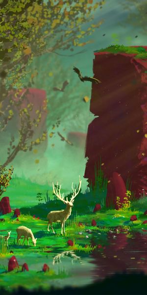 Enchanting Forest Landscape Featuring Majestic Deers and Rocks