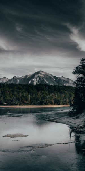 Phone wallpaper: Nature, Shoal, Shore, Bank, Shallow Water, Rivers, Forest, Mountains free download