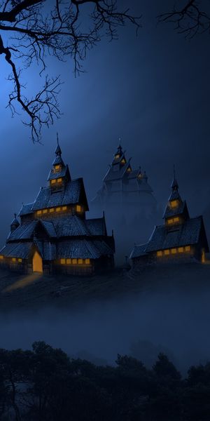 Mysterious Night Temple in Fog
