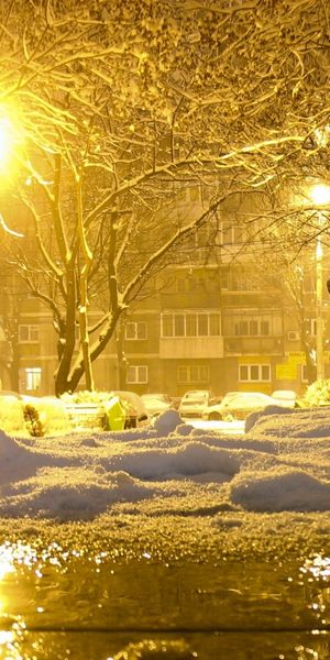 Phone wallpaper: Winter, Night, Snow, City, Building, Reflection, Light, Photography, Town, Season,