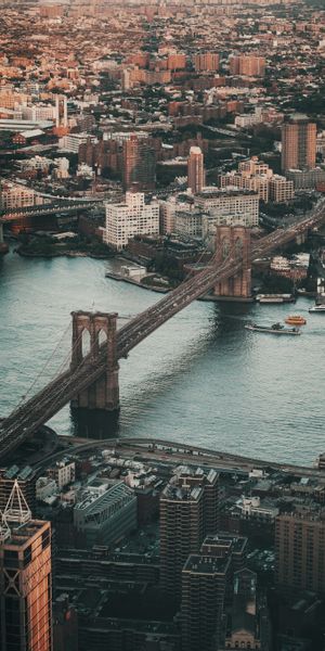 Aerial View of Brooklyn Bridge Over New York City