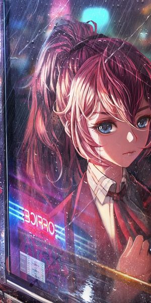Anime-inspired mobile wallpaper featuring a girl with blue eyes on a bus, 4K