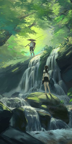 Jungle Waterfall Art with a Guy and a Girl