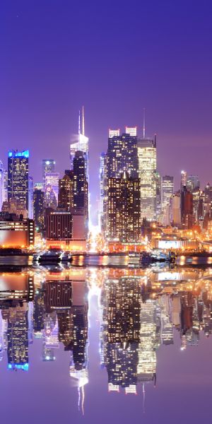 Phone wallpaper: Cities, Night, Usa, City, Skyscraper, Building, Reflection, New York, Man Made free