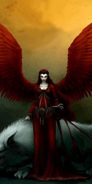 Dark Red Angel with Majestic Wings and a Fierce Wolf