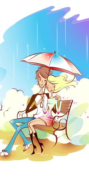 Phone wallpaper: Bench, Pair, Picture, Umbrella, Drawing, Art, Couple, Rain, Love free download