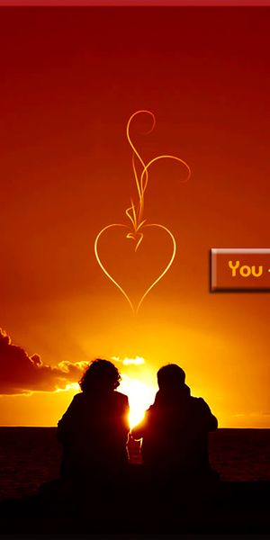 Couple Watching Sunset with Heart Symbol - Romantic Mobile Wallpaper