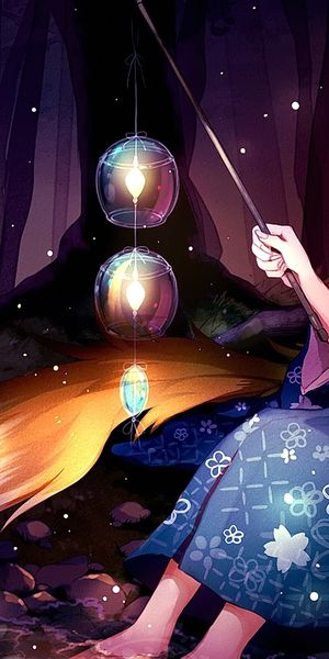 Phone wallpaper: Anime, Night, Forest, Lantern, Girl, Kimono, Long Hair, Brown Hair, Animal Ears, Ki