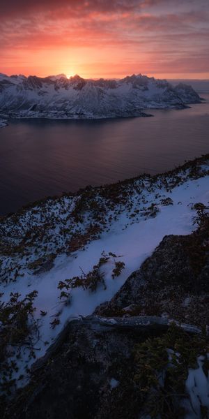 Phone wallpaper: Mountains, Nature, Winter, Snow, Lake, Sunset free download