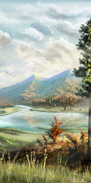 Phone wallpaper: Horns, Mountains, Rivers, Art, Deer free download