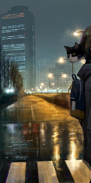 Charming anime wallpaper featuring a boy, cat, and urban night scene for iPhone