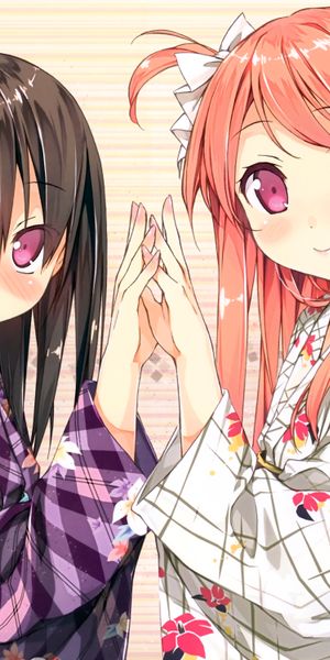 Phone wallpaper: Anime, Girl, Kimono, Pink Hair, Blush, Long Hair, Brown Hair, 5 Nenme No Houkago, P
