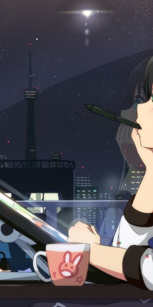 Charming Anime Girl with Ponytail and Coffee: Ideal Phone Wallpaper