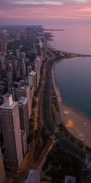 Aerial View of Chicago's Beach and Cityscape