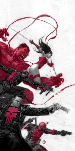 Epic wallpaper showcasing The Punisher, Deadpool, and Red Hulk in action