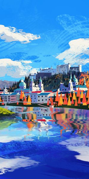 Vibrant City Landscape with Colorful Trees and Reflections