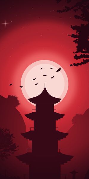 Red Moonlit Pagoda - Vector Night Art for Your Mobile
