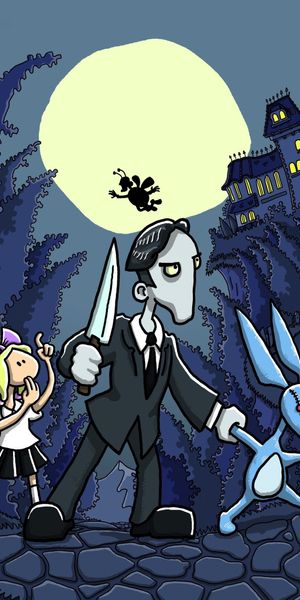 Creepy Cartoon Game Background Featuring Dark Colors and Blue Elements