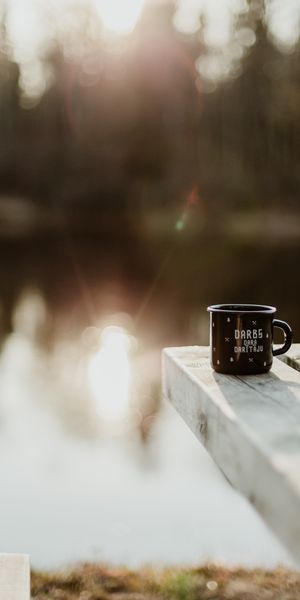 A Tranquil Mug by the Lake at Sunset