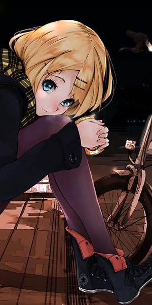 Phone wallpaper: Rin Kagamine, Bicycle, Pantyhose, Vocaloid, Blue Eyes, Scarf, Blonde, Night, Anime