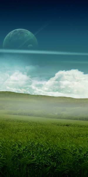 Enchanting mobile wallpaper of a hill landscape with a planet and moon