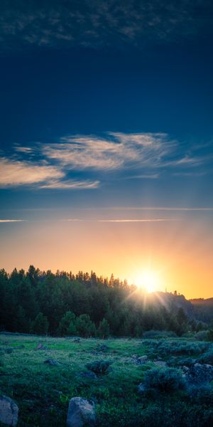 Breathtaking Dawn Landscape with Sunlight Over Mountains and Forest