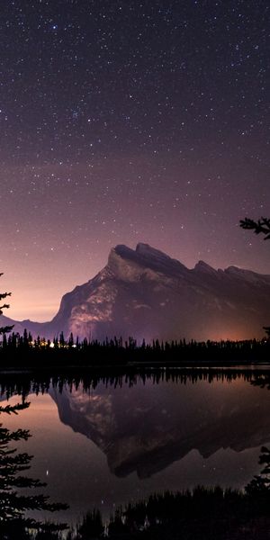 Breathtaking Night View of Mountain Lake and Starry Sky