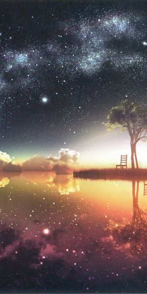 Enchanting Anime Landscape Featuring a Tree and Cosmic Reflection