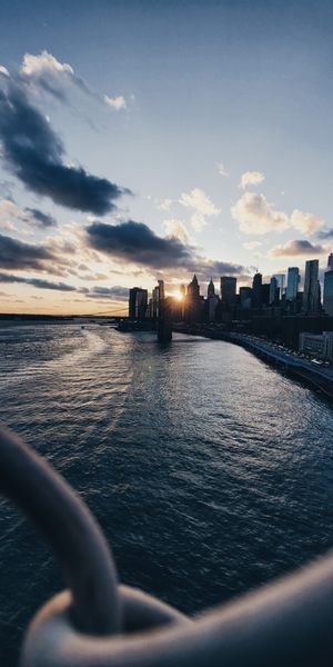 Phone wallpaper: Cities, City, Evening, Water, Sunset, Grid free download