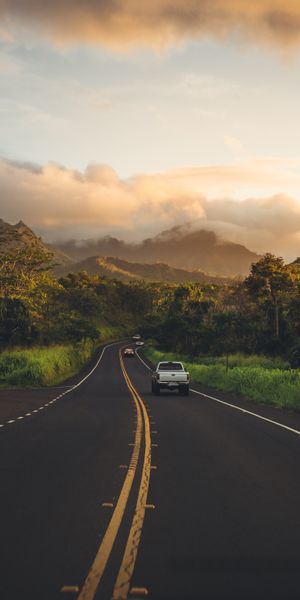 Scenic Mountain Road with Lush Nature and Sunset