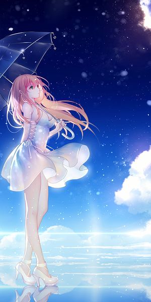 Anime Girl with Umbrella in a Beautiful Sky Setting